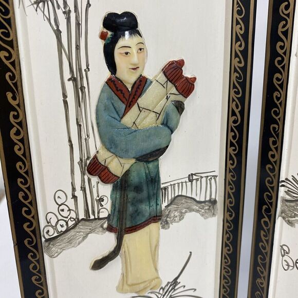 Vtg Asian Handpainted 4 Panel Tabletop Screen Three Dimensional Carved Women 14” - Picture 2 of 12